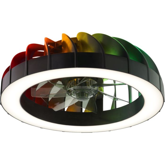 
Brilliant Fanora zwarte plafondventilator met witte LED rand rond de ventilator en indirect RGB licht via het plafond
