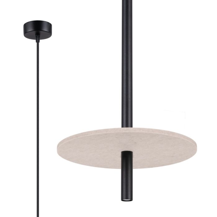 Sollux Feltro zwarte buisvormige hanglamp met een buis van 50 cm bij 2,5 cm met een beige schijf van 30 cm in diameter van vilt om de buis