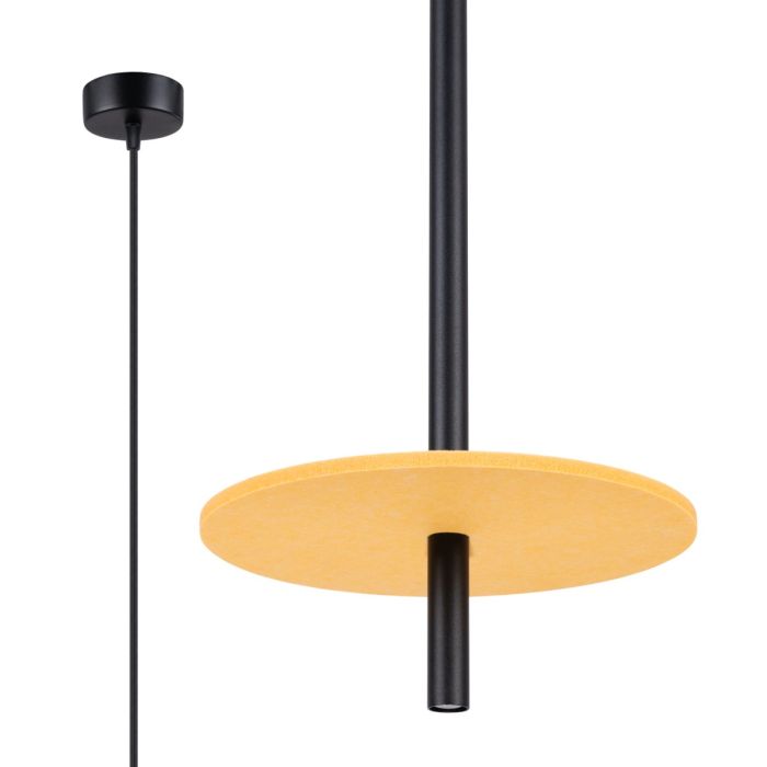 Sollux Feltro zwarte buisvormige hanglamp met een buis van 50 cm bij 2,5 cm met een gele schijf van 30 cm in diameter van vilt om de buis