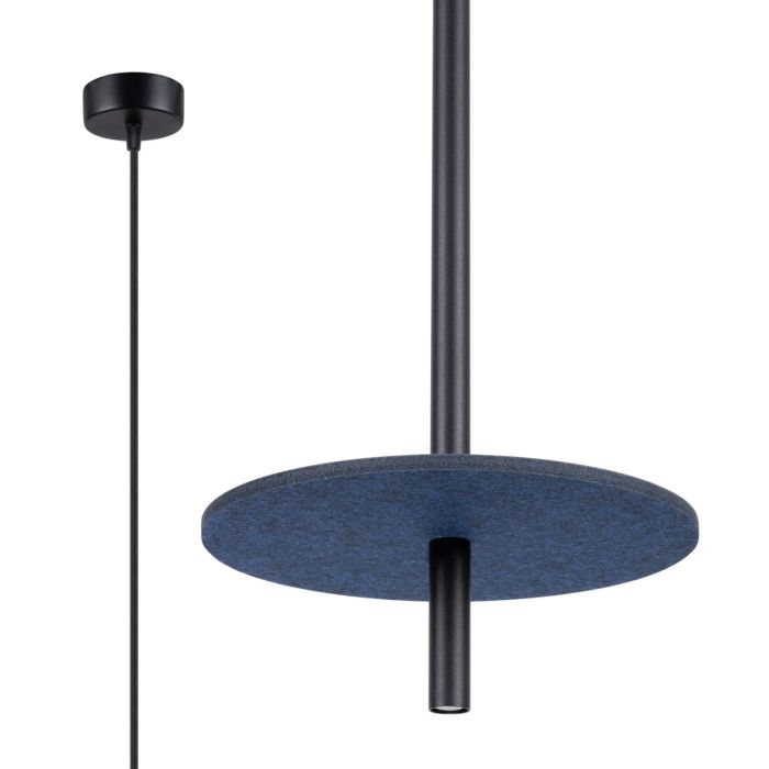 Sollux Feltro zwarte buisvormige hanglamp met een buis van 50 cm bij 2,5 cm met een marine blauwe schijf van 30 cm in diameter van vilt om de buis