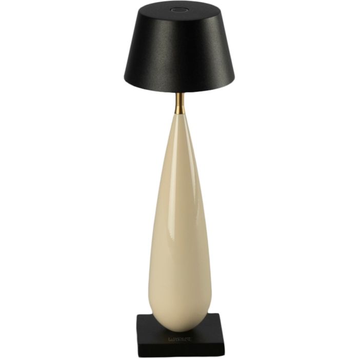 Konstsmide Frejus glossy creme kleurige oplaadbare tafellamp met zwart kapje van 24 cm hoog voor buiten