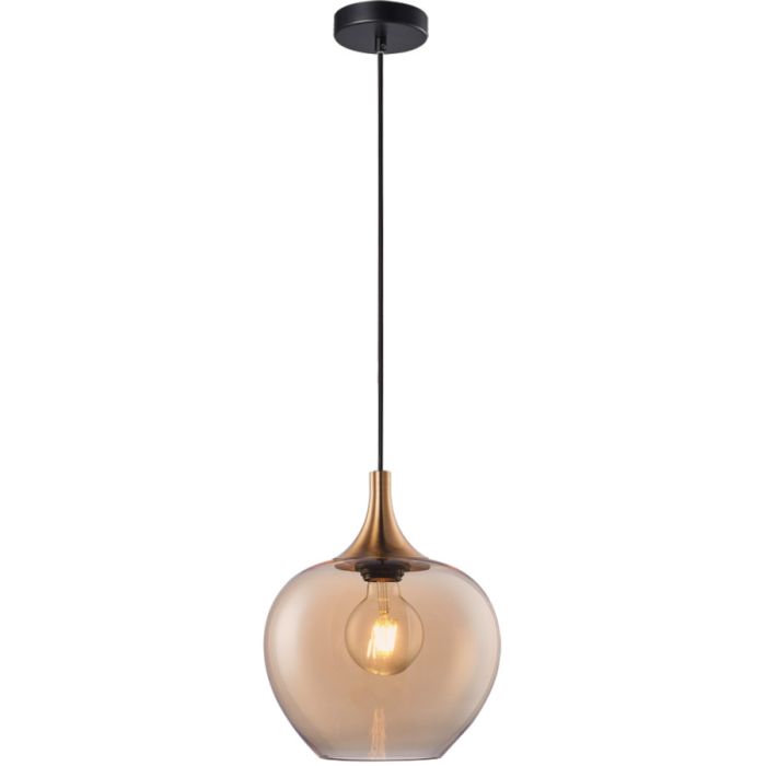 Freelight Fresu hanglamp met zwarte plafondplaat en brons gouden kap met amber glas van 24cm in diameter