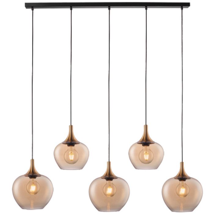 Freelight Fresu hanglamp met zwarte plafondbalk van 120 cm en vijf pendels met brons gouden kap met amber glas van 19 en 24 cm in diameter