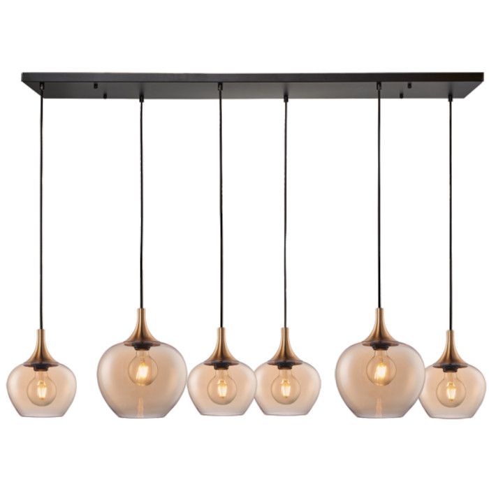 Freelight Fresu hanglamp met zwarte plafondbalk van 120 cm en zes pendels met brons gouden kap met amber glas van 19 en 24 cm in diameter