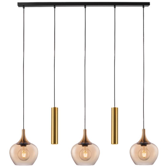 Freelight Fresu hanglamp met zwarte plafondbalk van 120 cm en vijf pendels, drie met brons gouden kappen van amber glas van 19 cm in diameter en twee cilindervormige kappen an brons-goud met GU10 fitting