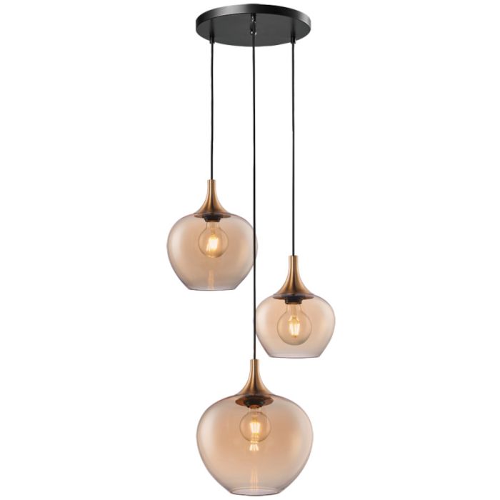 Freelight Fresu hanglamp met ronde zwarte plafondplaat van 35 cm en drie pendels met brons gouden kap met amber glas van 19, 24 en 29 cm in diameter