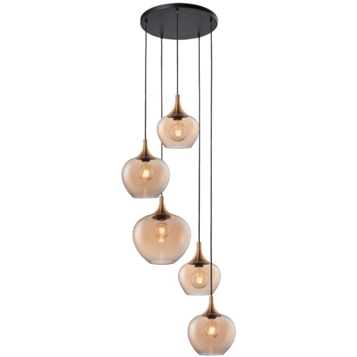 Freelight Fresu hanglamp met ronde zwarte plafondplaat van 40 cm en vijf pendels met brons gouden kap met amber glas van 19, 24 en 29 cm in diameter