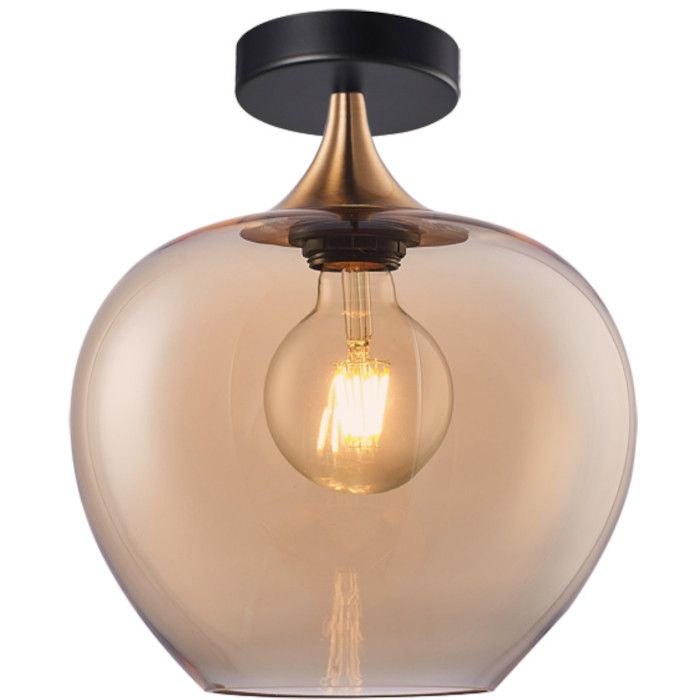 Freelight Fresu plafondlamp met zwarte plafondplaat en brons gouden kap met amber glas van 24cm in diameter