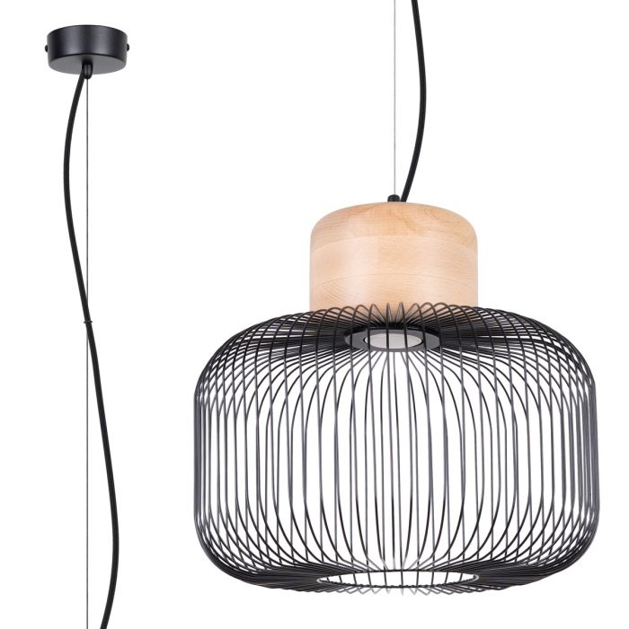 Sollux Gabbia zwarte hanglamp van draadstaal met een houten bovenzijde en GU10 lamp
