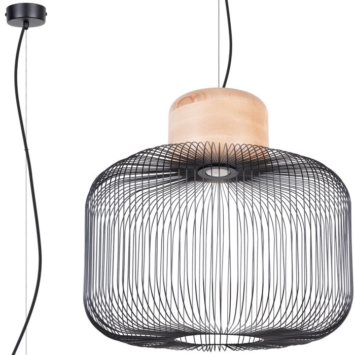 Sollux Gabbia zwarte hanglamp met een diameter van 55 cm van draadstaal een houten bovenzijde en GU10 lamp