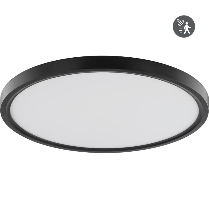 Brilliant Delvin zwarte plafonniere van 40 cm in diameter en 2,5 cm hoogte voorzien van een bewegingsmelder