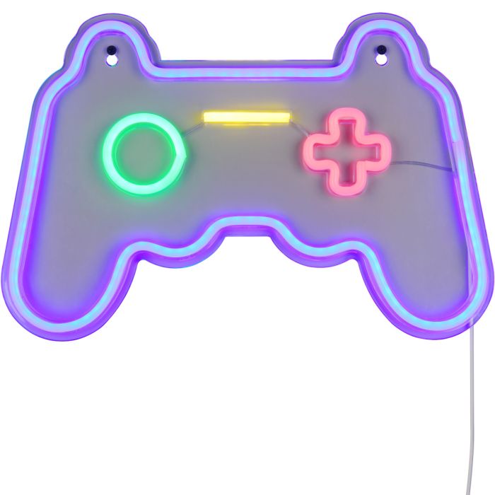 brandende Gamer wandlamp in de vorm van een console. De lamp is 41 cm breed en verbruikt 5w. Het licht is blauw, groen, geel en rood