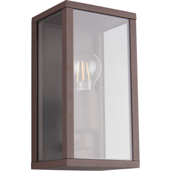 Trio Garonne roestbruine rechthoekige wandlamp voor buiten van 26cm hoog met drie helder glazen ruitjes
