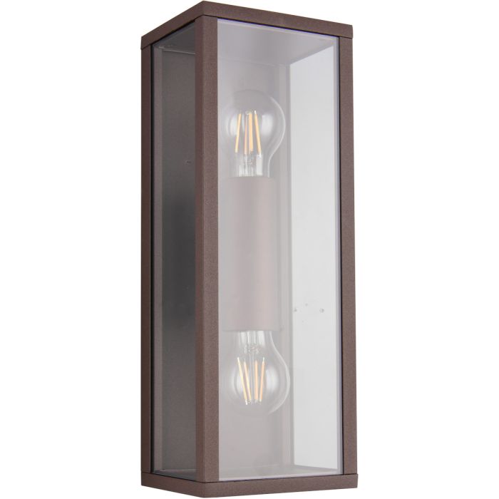 Trio Garonne roestbruine rechthoekige wandlamp voor buiten van 38cm hoog met drie helder glazen ruitjes en twee E27 peertjes