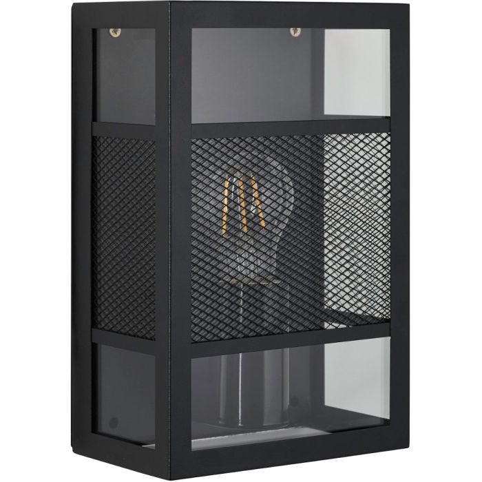 Brilliant Getta 96409/06 zwarte rechthoekige wandlamp met drie transparante ruitjes en zwart gaas in het midden van de ruitjes