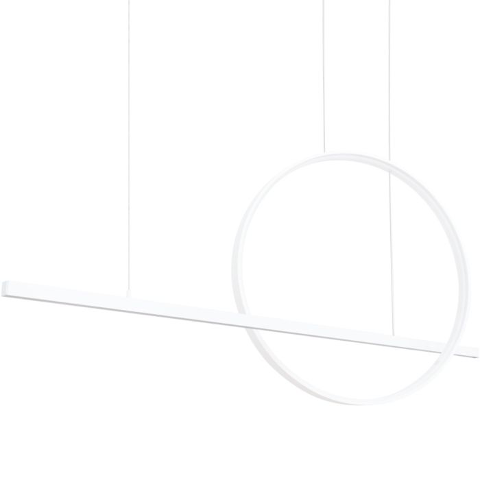 witte langwerpige hanglamp van 120 cm lang met een rechte buis en en cirkelvormig element beide met LED