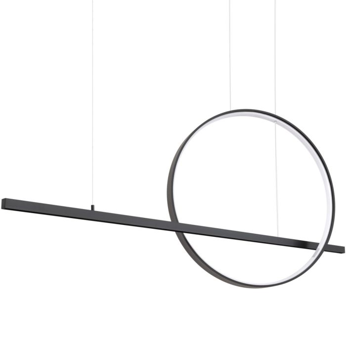 zwarte langwerpige hanglamp van 120 cm lang met een rechte buis en en cirkelvormig element beide met LED