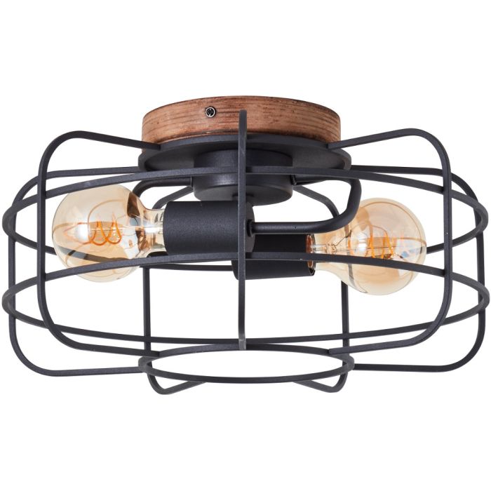 Brilliant Gwen 99707/66 industriele plafondlamp met houten plafondplaat en metalen rooster van 7 spijlen en twee goudkleurige peertjes