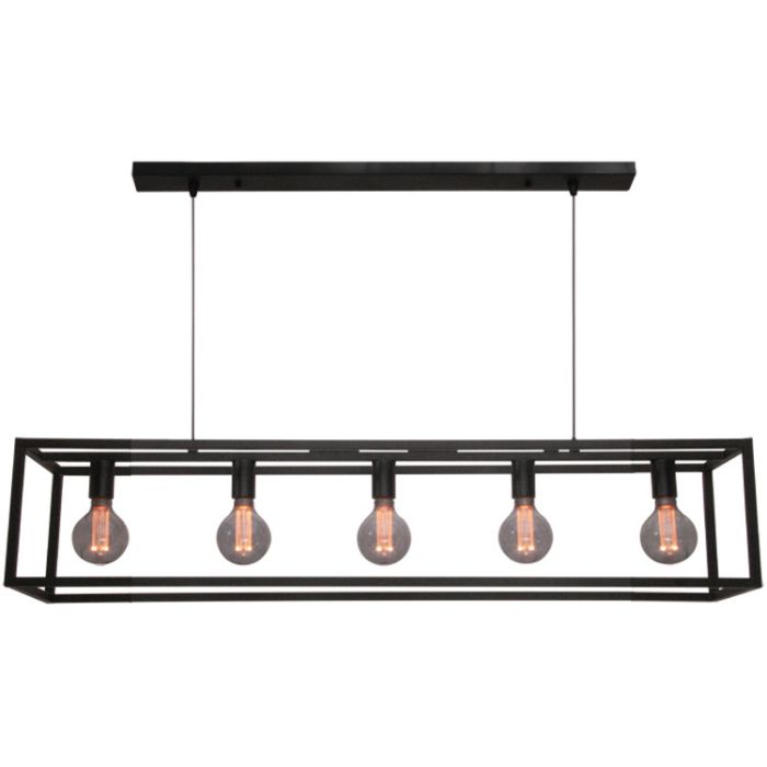 Freelight Esteso zwarte hanglamp van een 120cm lang metalen frame met vijf E27 fittingen en een creme plafondbalk