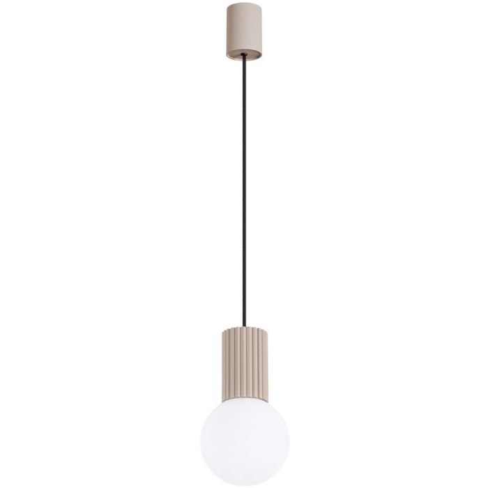 Sollux Halo SL1744 taupe kleurig geribbelde hanglamp met wit bolvormig glazen kap van 12cm in diameter