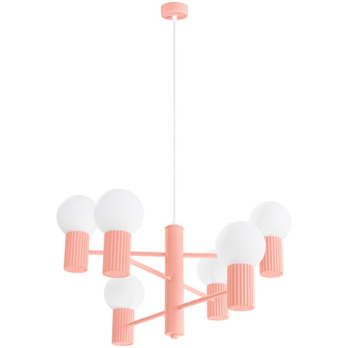 Sollux Halo SL.1838 perzik kleurige kroonluchter met zes geribbelde fittinghouders en wit glazen lampenkappen