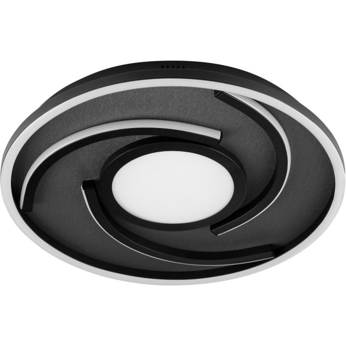 Brilliant Hardy zwarte plafonnière met een diameter van 39 cm  bestaande uit een ronde plafondplaat met rond frame en gedraaide balken met geïntegreerde LED