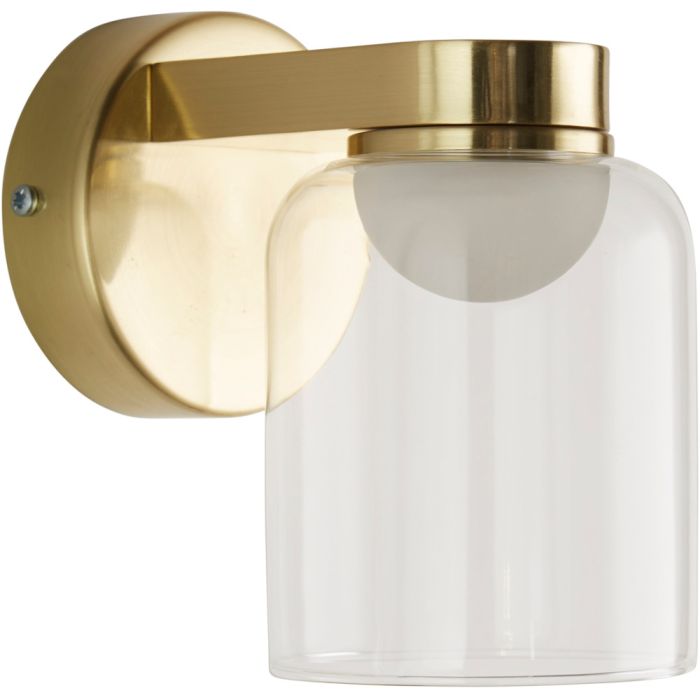 Searchlight Highball 23083-1SB messing kleurige badkamerlamp met halfronde witte LED unit bovenin een hangende cilindervormige glazen kap