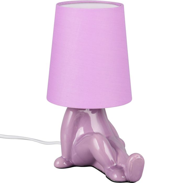 Reality Huma lila tafellamp van 24,5 cm hoog met lampvoet in de vorm van een zittend lichaam en een kapje van textiel als hoofd