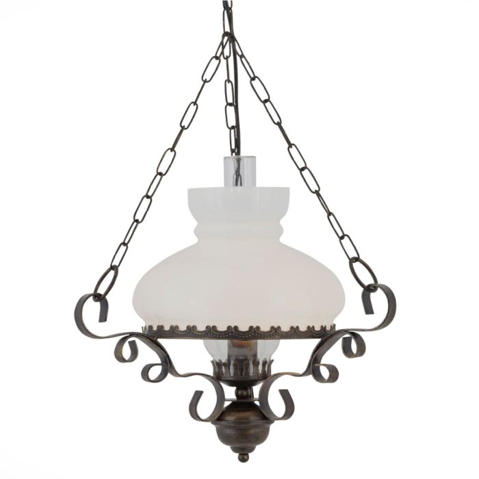 Searchlight Hurricane 576RU hanglamp in de vorm van een olielamp met een diameter van 45cm met wit en helder glas hangend aan drie roestbruine kettingen