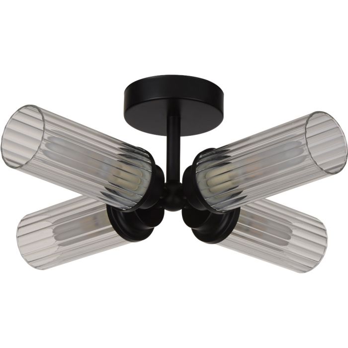 Searchlight Imperial 29984BK zwarte plafondlamp voor de badkamer met vier cilindervormige kappen van ribbelglas