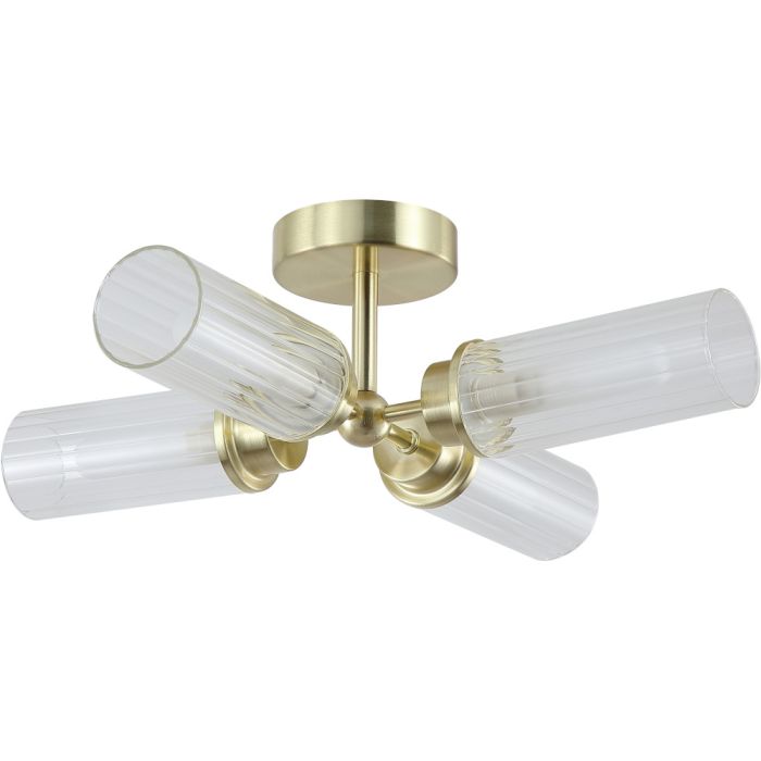 Searchlight Imperial 29984SB mat messing plafondlamp voor de badkamer met vier cilindervormige kappen van ribbelglas