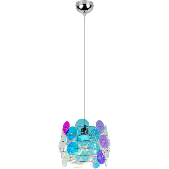 Reality Iride chromen hanglamp van 25 cm in diameter met kap van transparant irisende schijfjes
