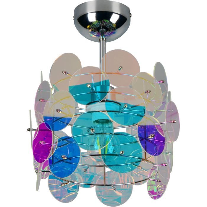Reality Iride chromen plafondlamp van 25 cm in diameter met kap van transparant irisende schijfjes