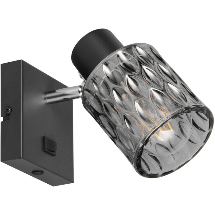 Reality Jack zwarte wandspot van 16 cm met vierkant wandplaatje met kabeldoorvoer, schakelaar en rookglazen kap van glas met druppels 