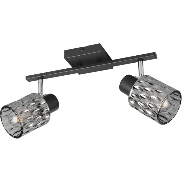 Reality Jack zwarte plafondspot van 37 cm lang met vierkant plafondplaatje met stang met twee spotjes met rookglazen kapjes van glas met druppels 