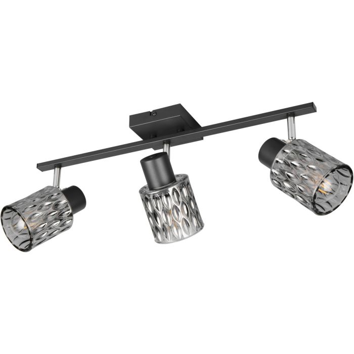 Reality Jack zwarte plafondspot van 55 cm lang met vierkant plafondplaatje met stang met drie spotjes met rookglazen kapjes van glas met druppels 