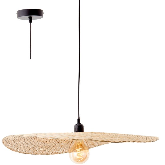 Brilliant Jefter 99425/76 zwarte hanglamp met platte kap van gevlochten naturel kleurige bamboe
