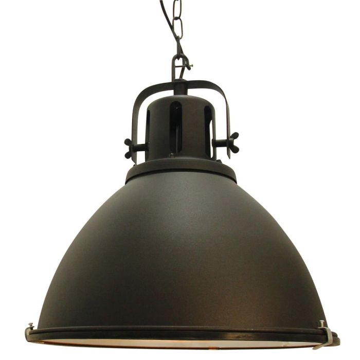 Brilliant Jesper 23770/70 zwarte industriele hanglamp aan een ketting met warmte rooster boven de kap en een glasplaat eronder