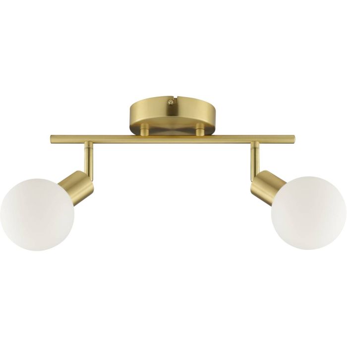 Brilliant Jorge mat messing plafondspot van 41,5 cm lang met twee wit bolvormig gesloten glazen kapjes