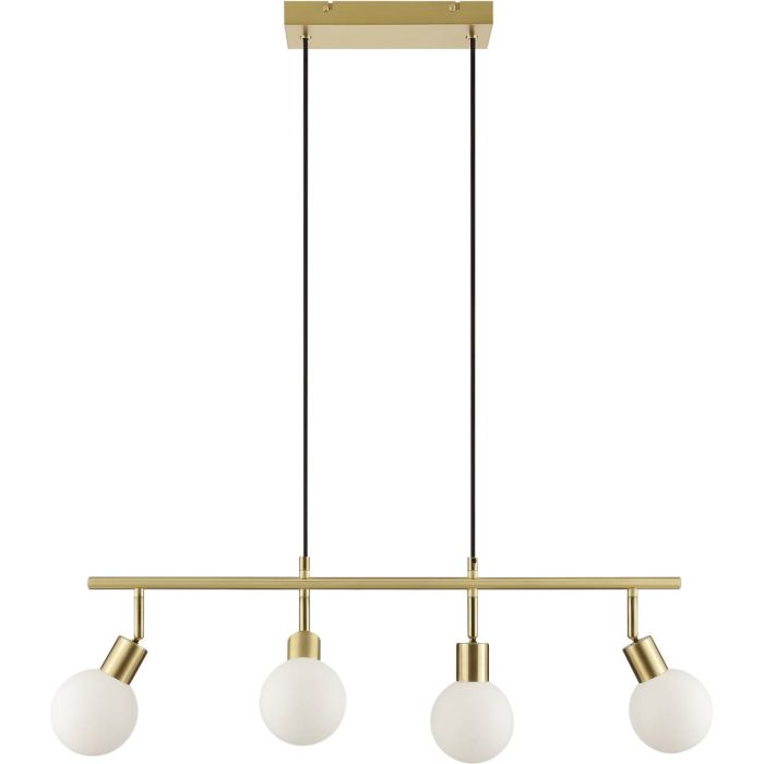 Brilliant Jorge mat messing langwerpige hanglamp van 77,5 cm lang met vier wit bolvormig gesloten glazen kapjes