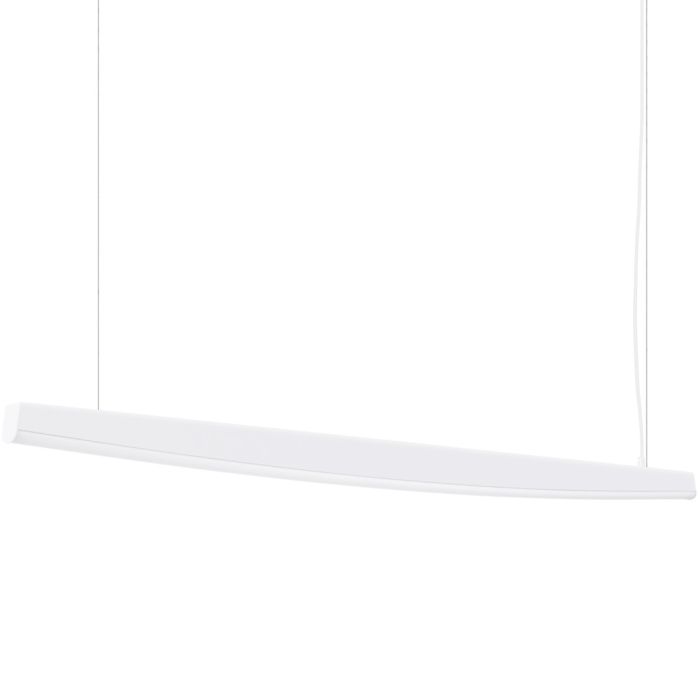 witte langwerpige hanglamp van 150 cm lang met lich gebogen onderzijde waar LED in geintegreerd is