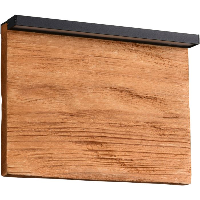 Trio Kalea 255510130 wandlamp met ruw houten wandplaat met zwart metalen lichtbalk erboven
