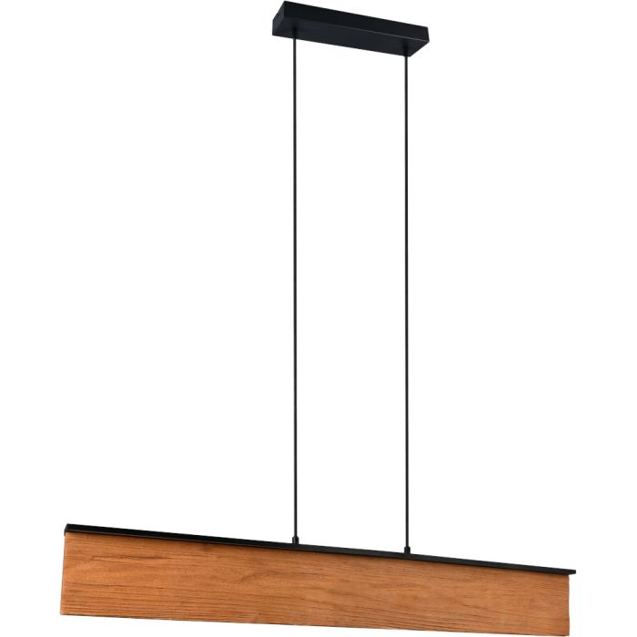 Trio Kalea 355510130 zwarte hanglamp met twee lichtbalken langs een ruw houten plank