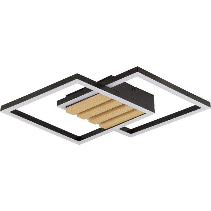 Brilliant Kaleo zwarte plafondlamp van 37,5 cm lang met twee vierkante raamwerken over elkaar, met geïntegreerde LED op een vierkante zwarte plafondplaat met vier houten balkjes erover