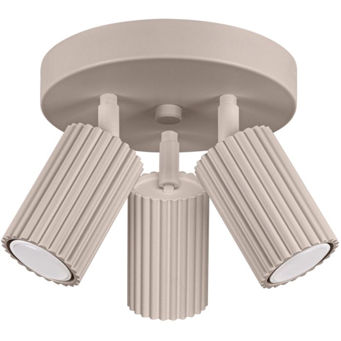 Sollux Karbon taupe kleurige ronde plafondspot met een diameter van 19,5 cm en drie geribbelde cilindervormige spots met GU10 lamp