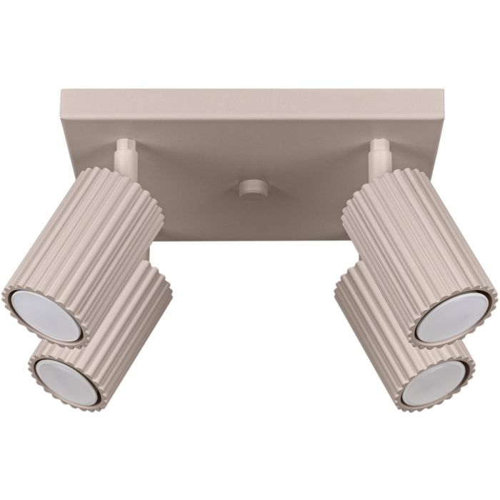 Sollux Karbon taupe kleurige vierkante plafondspot met een doorsnede van 25 cm en vier geribbelde cilindervormige spots met een GU10 lamp