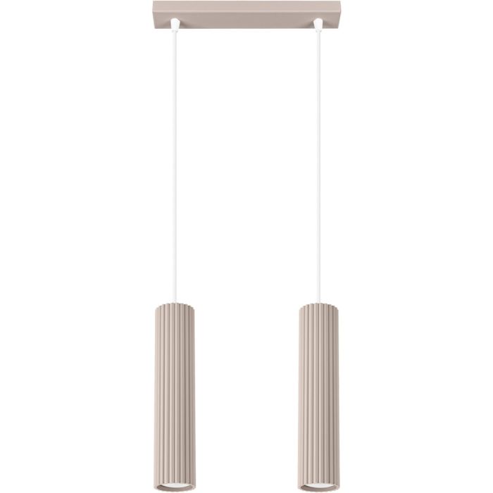 Sollux Karbon taupe kleurige langwerpige hanglamp van 30 cm lang met twee pendels met elk een 30 cm hoge cilindervormige kap van geribbeld aluminium met GU10 lamp