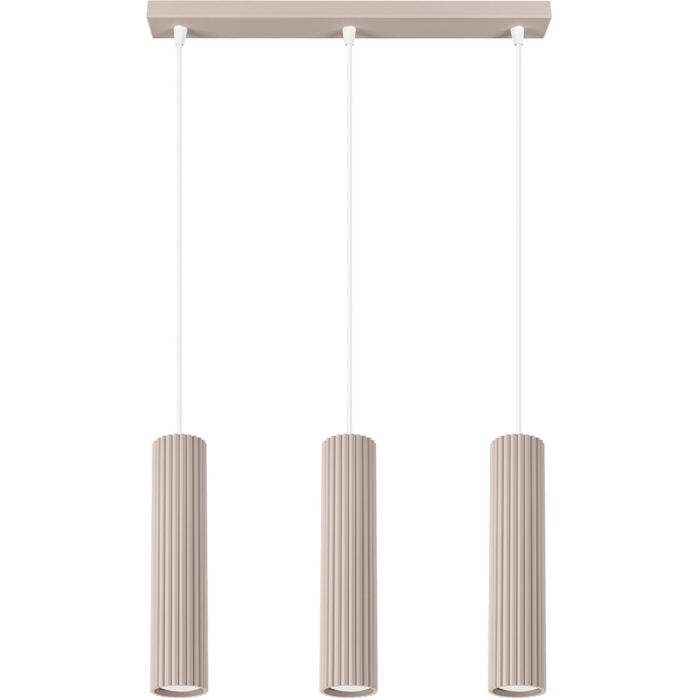 Sollux Karbon taupe kleurige langwerpige hanglamp van 45 cm lang met drie pendels met elk een 30 cm hoge cilindervormige kap van geribbeld aluminium met GU10 lamp