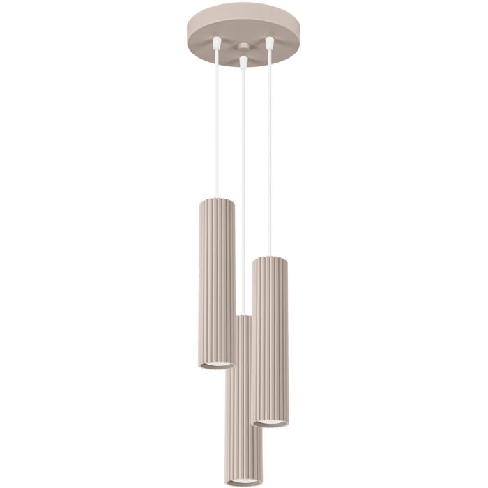 Sollux Karbon taupe kleurige ronde hanglamp van 19,5 cm in diameter met drie pendels met elk een 30 cm hoge cilindervormige kap van geribbeld aluminium met GU10 lamp