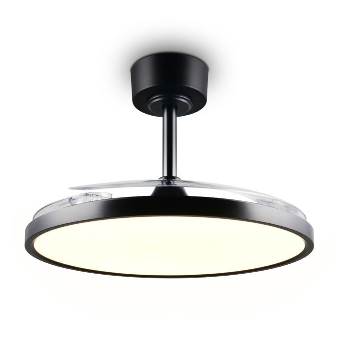 Reality Kasfjord zwarte plafondventilator van rond LED paneel met uitklapbare wieken daaraan uitgeklapt 107 cm in diameter